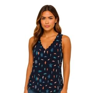 MAEVE Anthropologie Turtle Terrapin Tank top navy turtles scalloped 2 XS